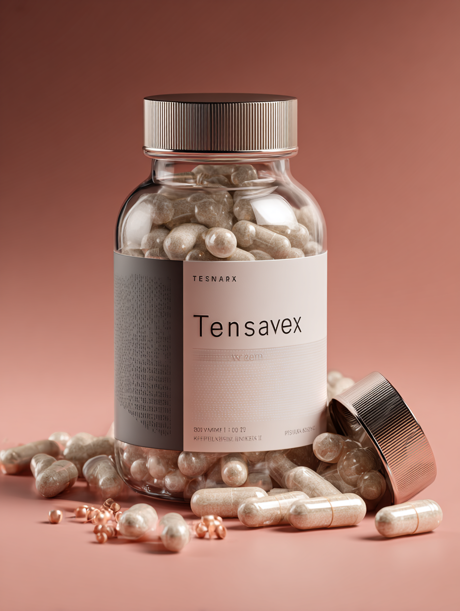 Tensavex természetes étrend-kiegészítő kapszulák vérnyomás támogatáshoz, fehér dobozkában, professzionális termék fotó semleges háttéren